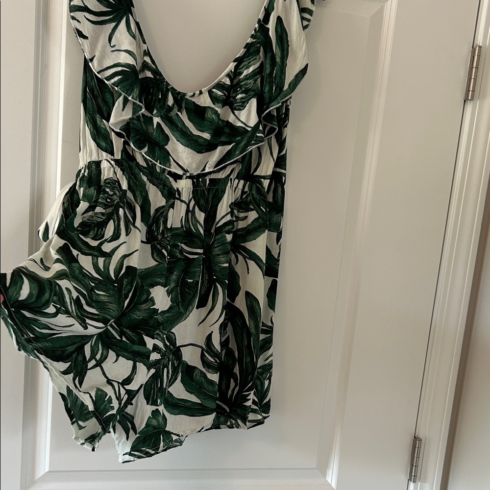 Green Leaf Print Romper w tie skirt in front